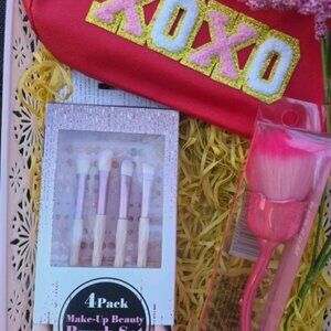 Glam Trio Makeup Bundle – 4-Pack Brush Set, Red Cosmetic Bag & pink Flower Brush